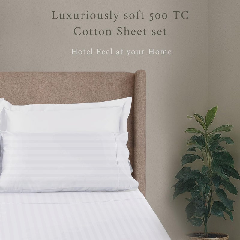 Threadmill 500 Thread Count Twin-XL Size Damask Stripe, 3 Pc Luxury Cotton Bed Sheet Set, Breathable Hotel White Sheets with 15" Elasticized Deep Pocket, 1 Pillowcase & Free Tote Bag - Image 2
